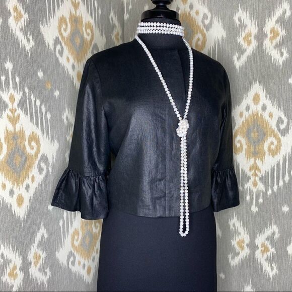 Ralph Lauren Black Label Jet Black Polished Linen Cropped Ruffle Sleeve Jacket - Picture 12 of 16